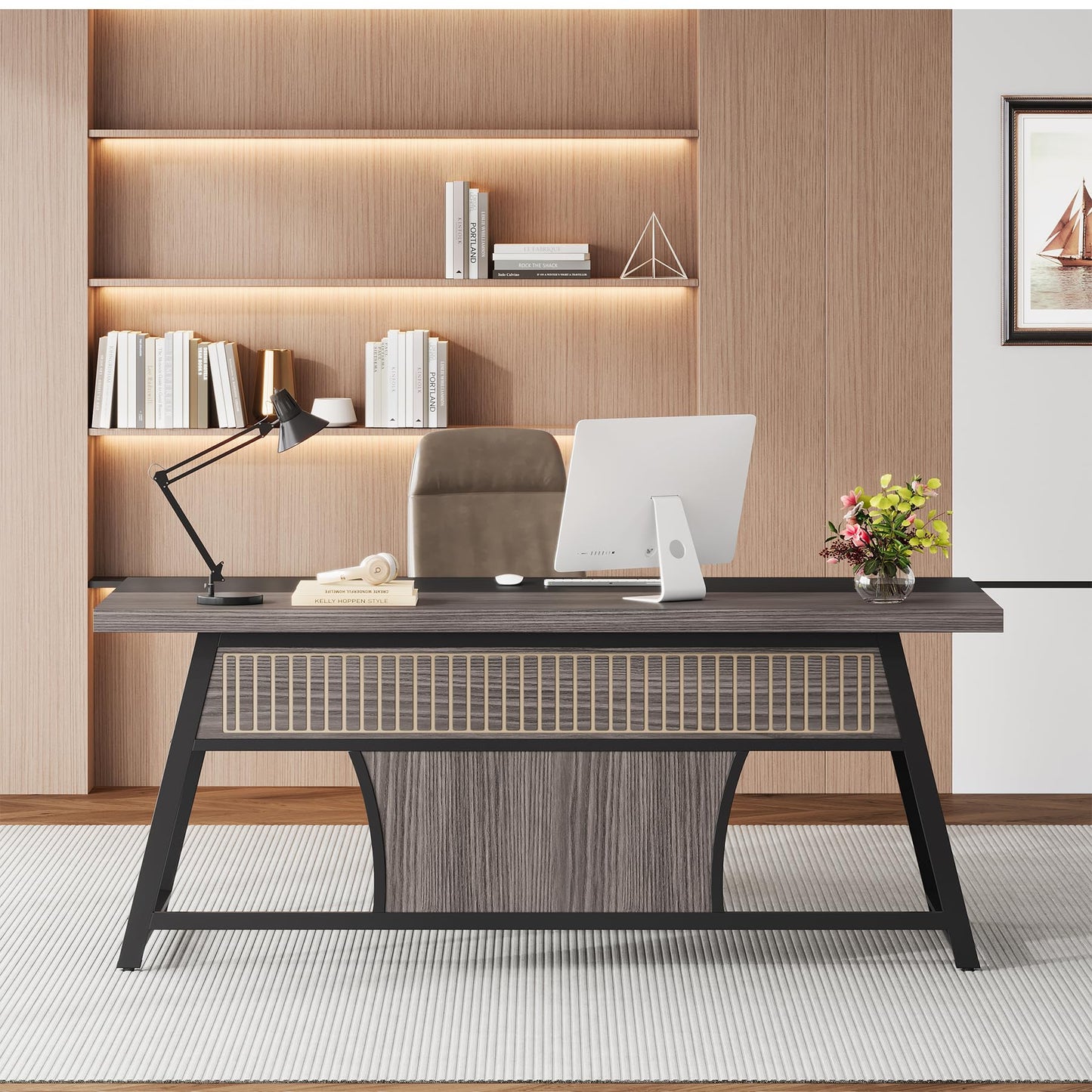 Condemo 63-inch Executive Desk with Storage Shelf, Large Home Office Desk with Metal Frame & LED Light, Long Computer Desks for Home Office, Gray and Black
