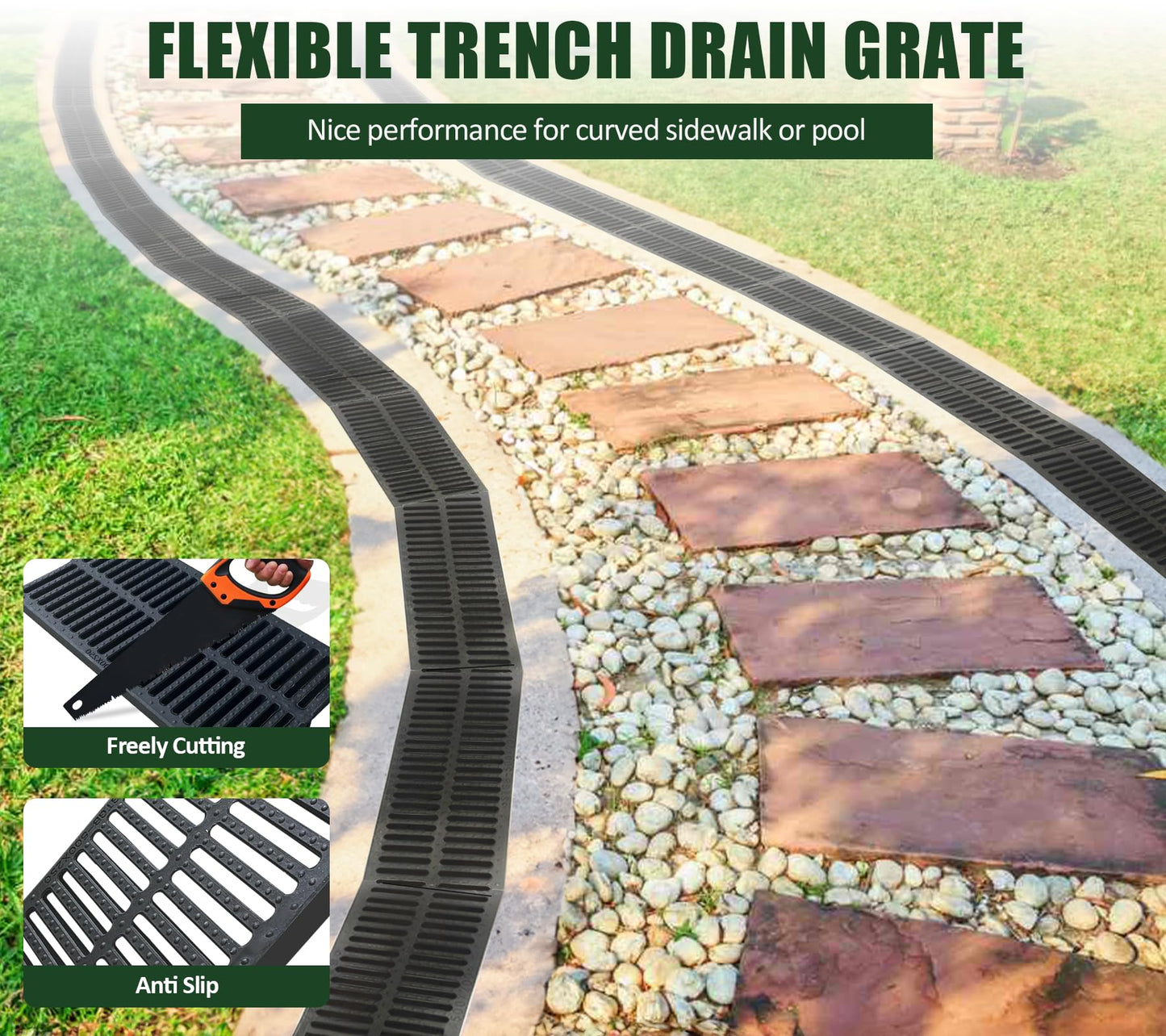 Natotela A15 8 Pack Polymer Plastic Channel Drain Grate-19.7x11.8x1.2 in Durable Trench Cover,Total Length 157.48 in Polymer Drain Strainer,Outdoor Drain Grates for Yard Sidewalk Patio Houseside