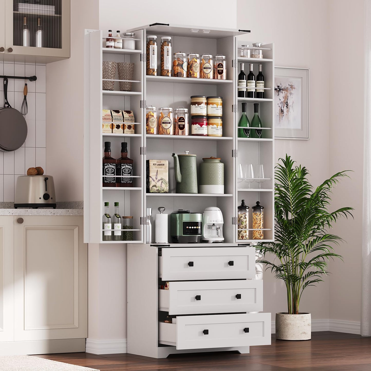 72'' Tall Kitchen Pantry Cabinet, Freestanding Tall Cupboard Storage Cabinet with 2 Barn Doors & 3 Drawers, Adjustable Shelves, Large Farmhouse Pantries for Living Room, Dining Room