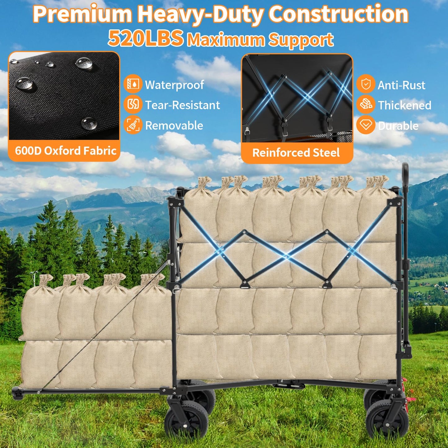 Holacamking 480L Double Decker Wagon, 58" L Extended Foldable Utility Cart with Tailgate, Big All-Terrain Wheels with Brakes, 520lbs Heavy Duty Collapsible Wagon for Camping Beach Sports Grocery Pets
