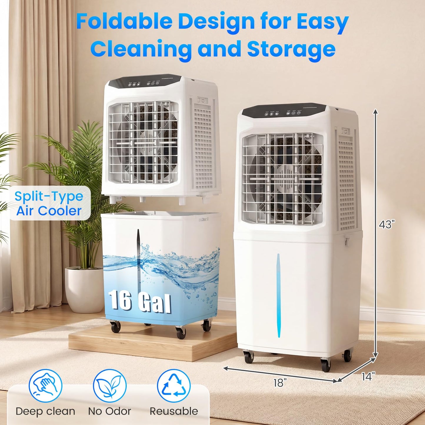 Auertech Evaporative Air Cooler, 16 Gal Detachable Water Tank Swamp Cooler with 6 Ice Packs, Portable Room Cooling Fan, Windowless Air Conditioners for Workshop Garage Patio Indoor Outoor