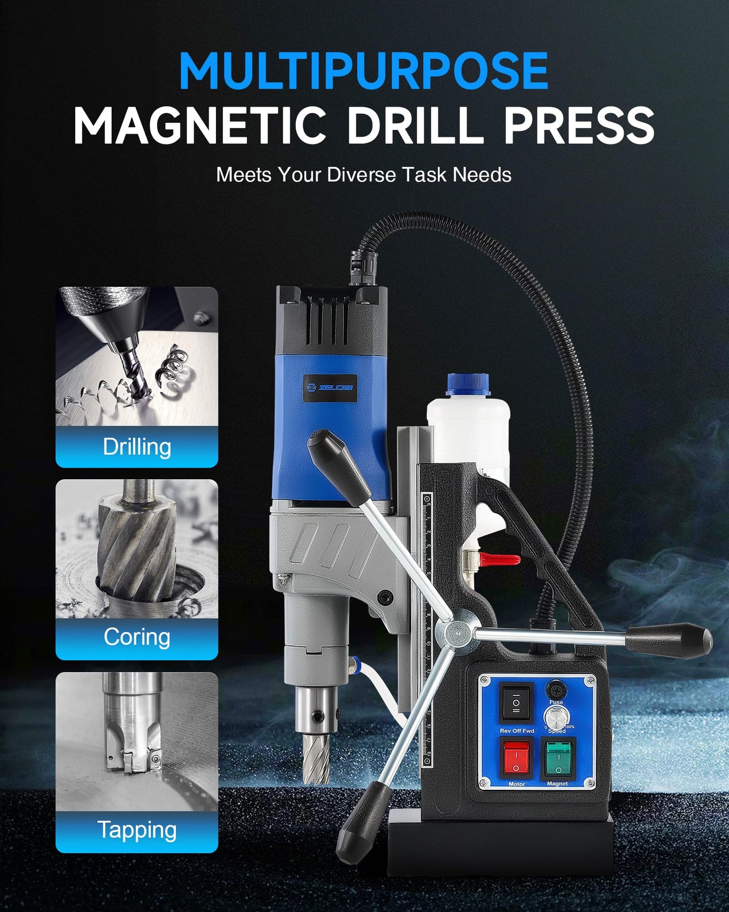 ZELCAN Mag Drill Press with 11 Pcs Bits, 1550W Portable Magnetic Drill Press with 2" Boring Diameter, 0-580 rpm Stepless Speed & Reversible Direction, 2922 lbf Power Magnetic for Metal Surface