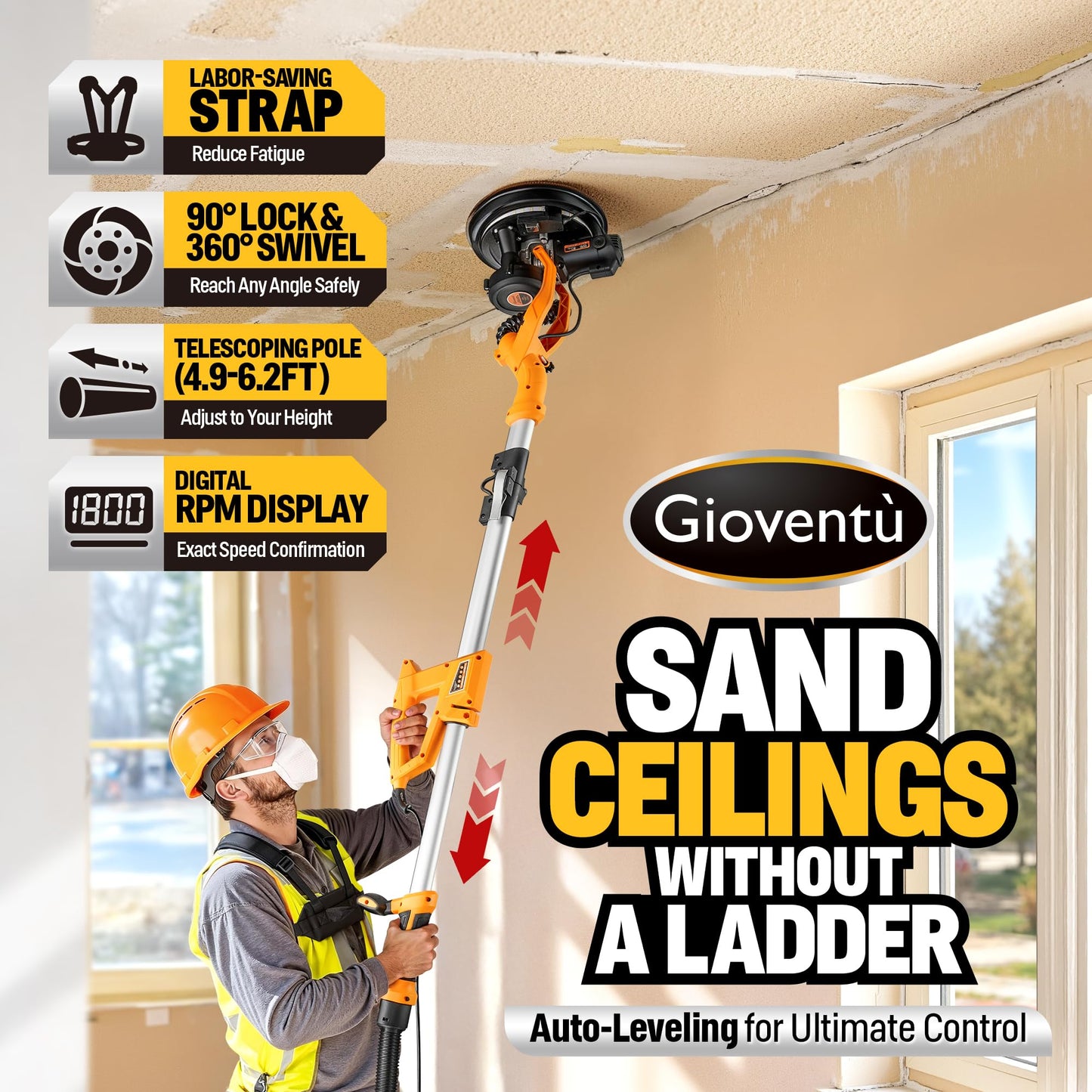 Electric Drywall Sander, 950W Drywall Power Sander with Vacuum Dust Collector, 9 Variable Speed 800-2100RPM, LED Light, Dustless Wall Sander for Drywall, Popcorn Ceiling, Corner etc