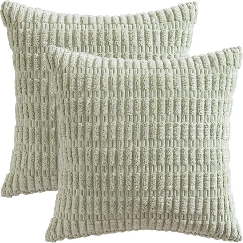 MIULEE Decorative Throw Pillow Covers - Soft Boho Striped Corduroy | 16x16 Inch, Light Green, Pack of 2