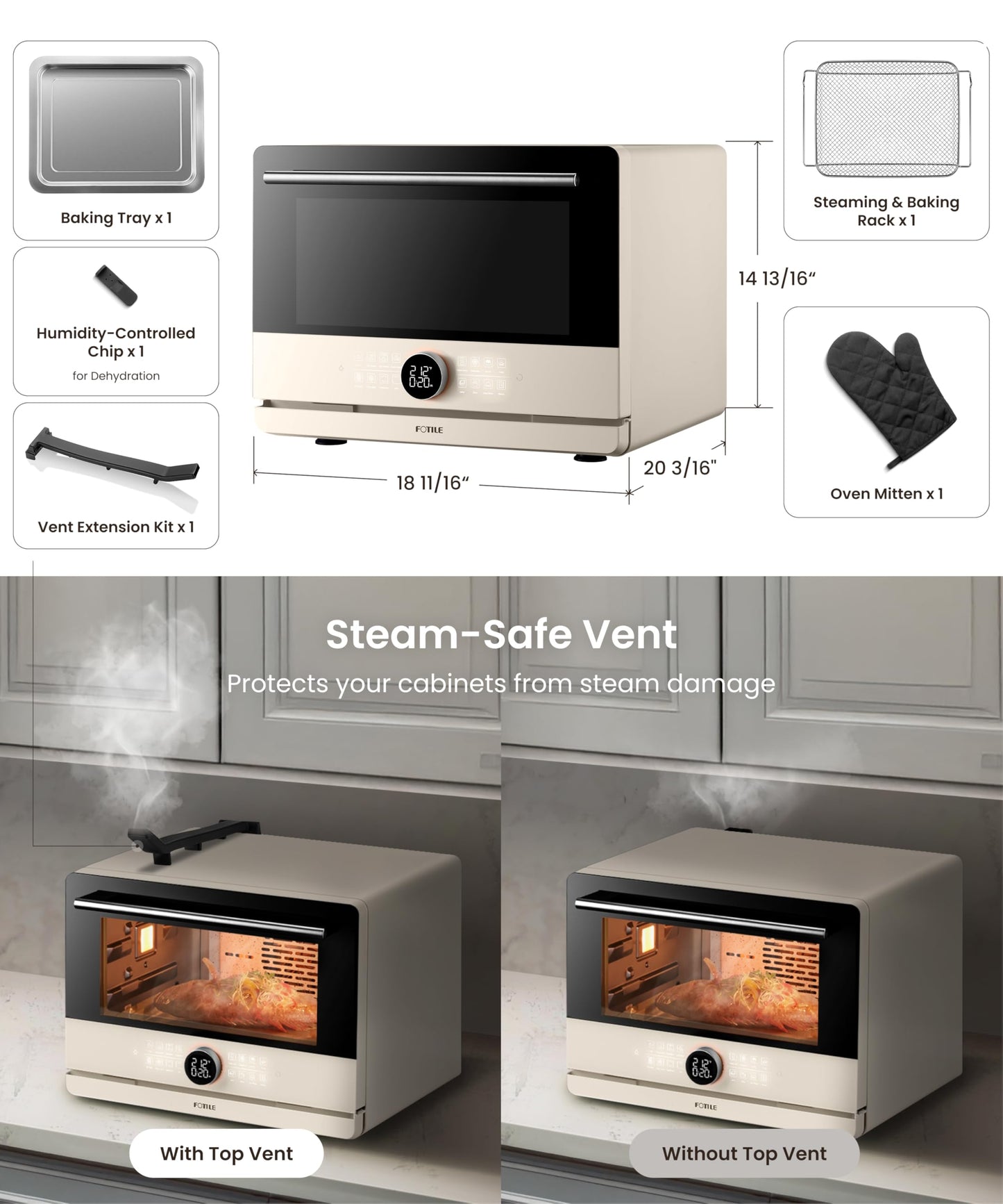 FOTILE HYZK32-E3-E ChefCubii 1.1 cu. ft. 4-in-1 Combi-Steam Oven with Steam-Bake, Air Fry, Convection, Dehydrator Functions, and 50 Preset Menus, Beige