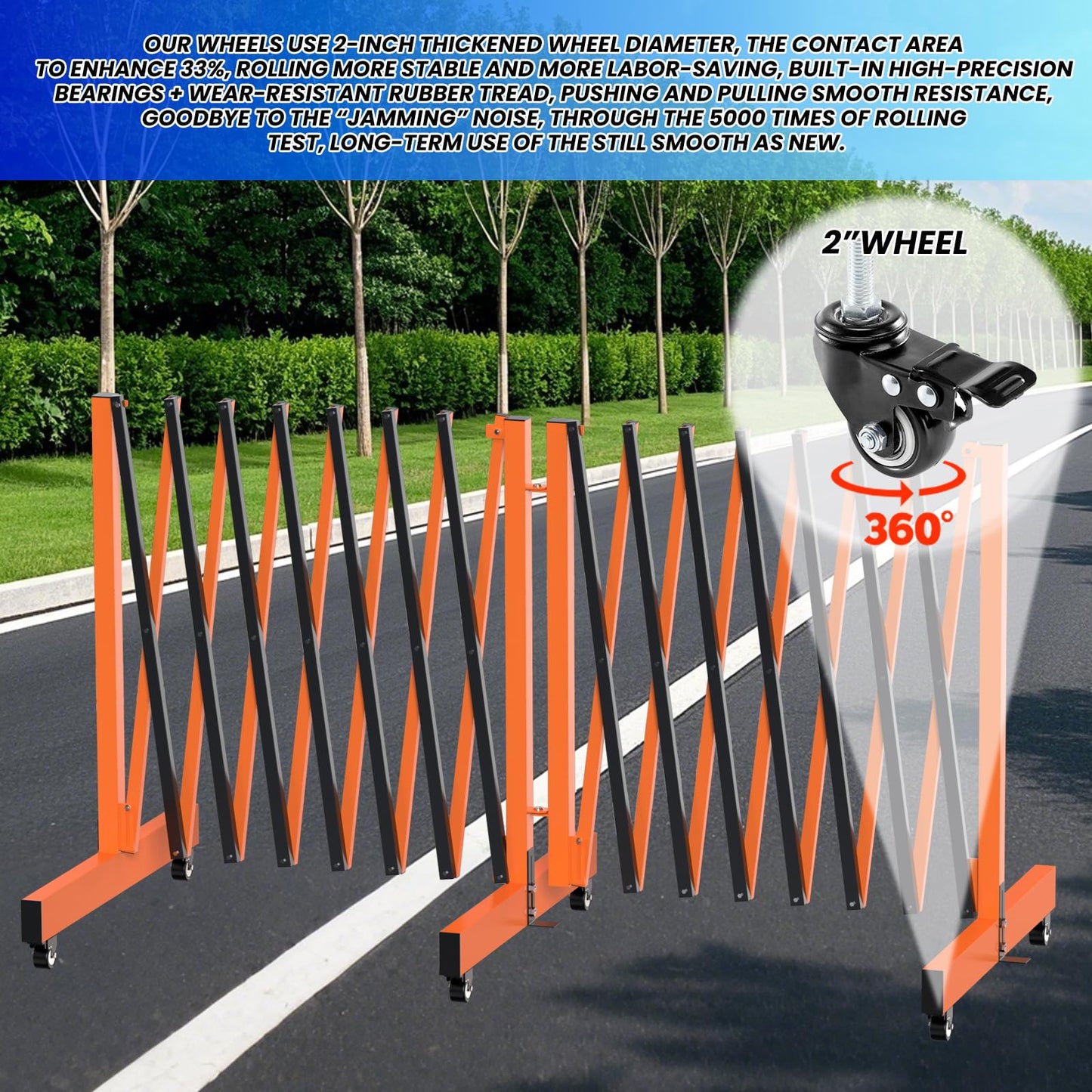 1 Set 16.8FT Industrial Metal Expandable Barricade，Retractable Traffic Fence with Casters, 270° Folding Security Gate, Portable Barricade Gate for Construction Area, Traffic Control, Cordon