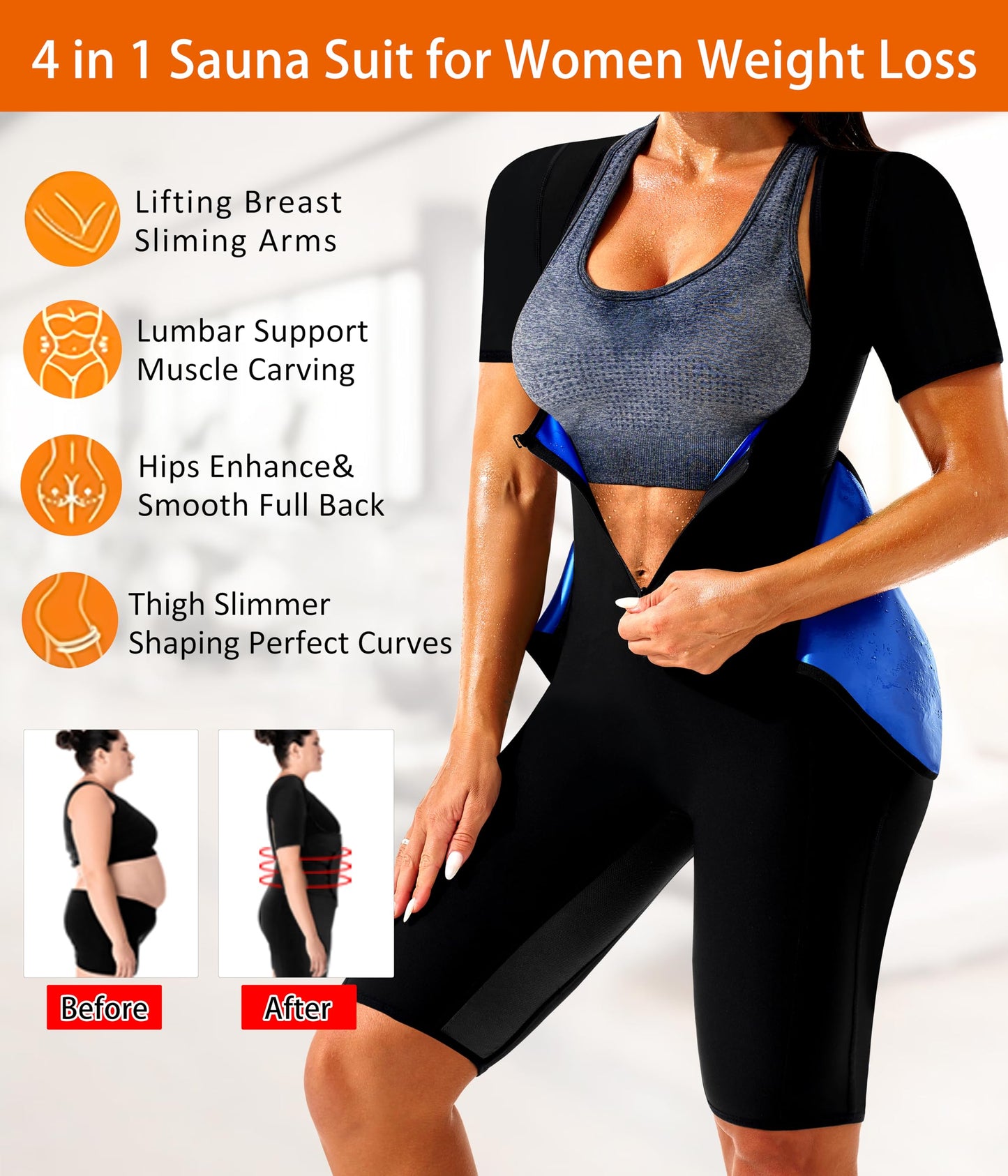 LMCOB Sauna Suit for Women Sweat Suit Waist Trainer for Weight Loss 4 IN 1 Slimming Full Body Shaper Sauna Jumpsuit Workout Vest with Shorts(BH70013-01-XL)