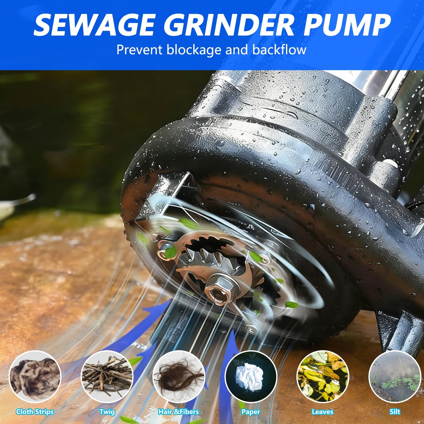 Sewage Grinder Pump, 1HP Sump Pump Submersible 110V 6400GPH 40Ft Max Head, Stainless Steel Cast Iron Effluent Pump with Auto Float Switch 2'' NPT for Basement Basin Sewage Well Pond Swimming Pool