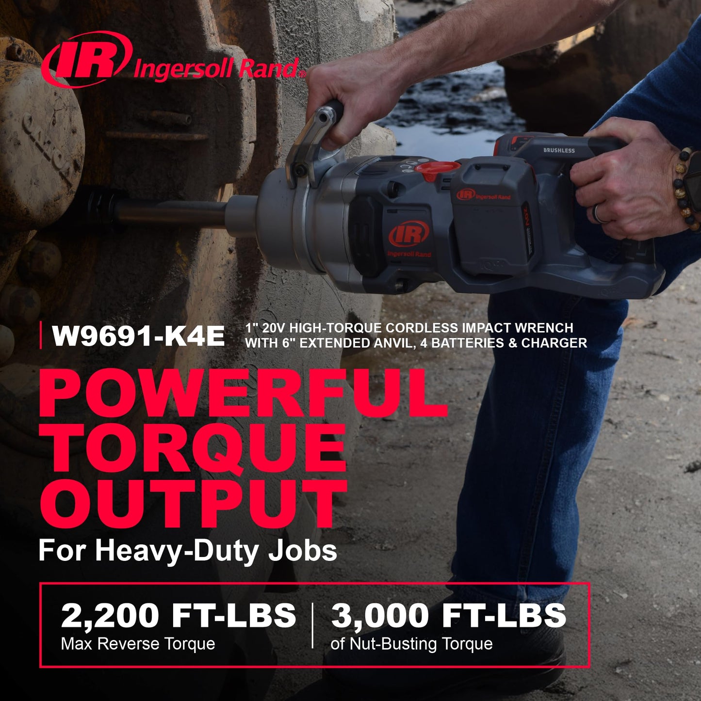 Ingersoll Rand W9691-K4E Cordless 1" High-Torque Impact Wrench Kit with 2" Extended Anvil, Includes 4 BL2022 5.0Ah Batteries and Dual-Bay Charger