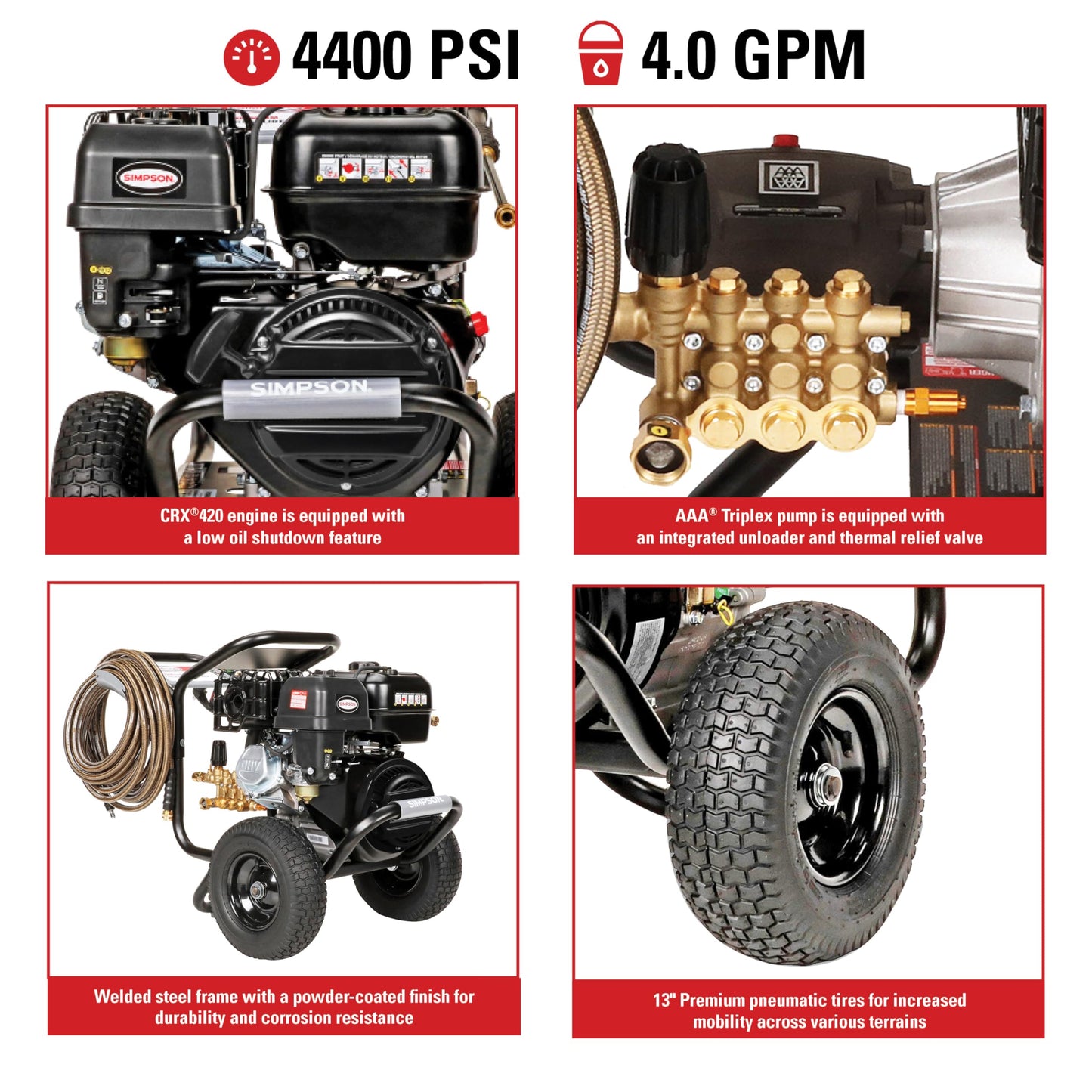 Simpson 4400 PSI Gas Pressure Washer, 4.0 GPM Commercial Power Washer, Cold Water, 50' Hose, PowerShot, 49-State Compliant (PS60843) - Black