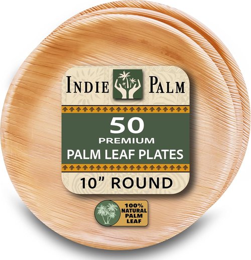 Indie Palm 10 Inch Round Disposable Palm Leaf Plates - Heavy Duty & Biodegradable | 50 Pack for Parties & Catering