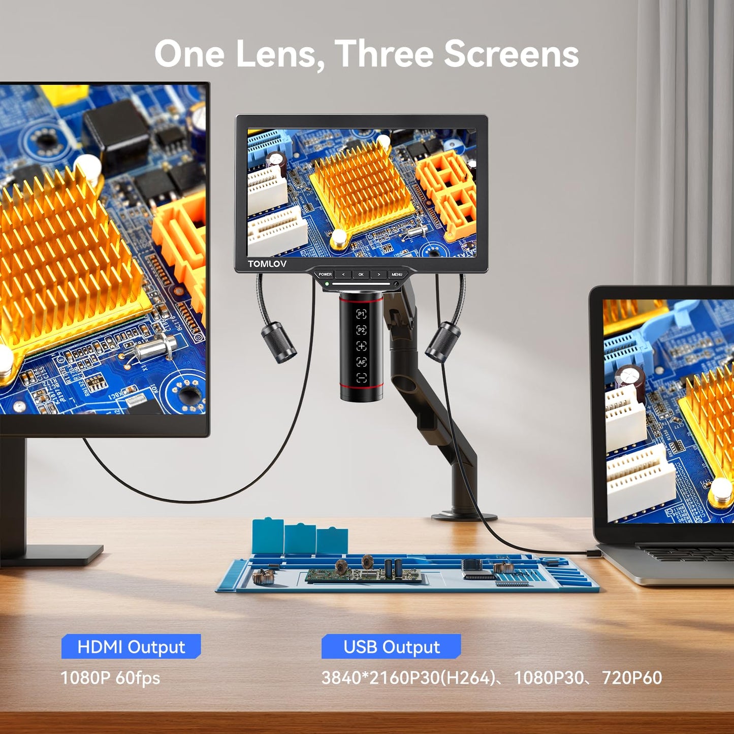 TOMLOV Autofocus Digital Microscope TM3K-AF Flex: 3K Flex Arm HDMI Soldering Microscope for Adults, Full Coin View Magnifier, 7" IPS Screen, Upgraded Gooseneck Light, Repair Mat, PC/TV Compatible, 16G