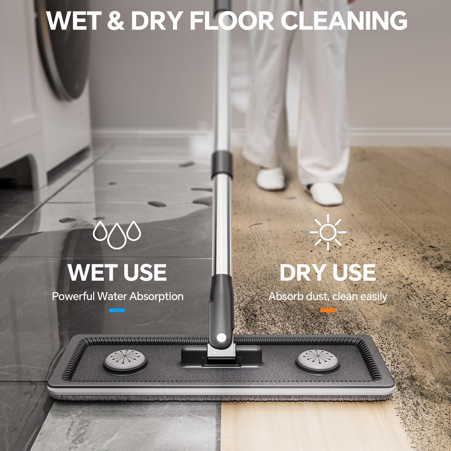 POPMOP Compact Floor Mop and Bucket - Flat Mop and Bucket with Wringer Set Hands Free | Wet Dry Mop for Apartment, Tiny Home, RV, Windows, Wall, Hardwood, Vinyl, Floor with 6 Microfiber Cloths