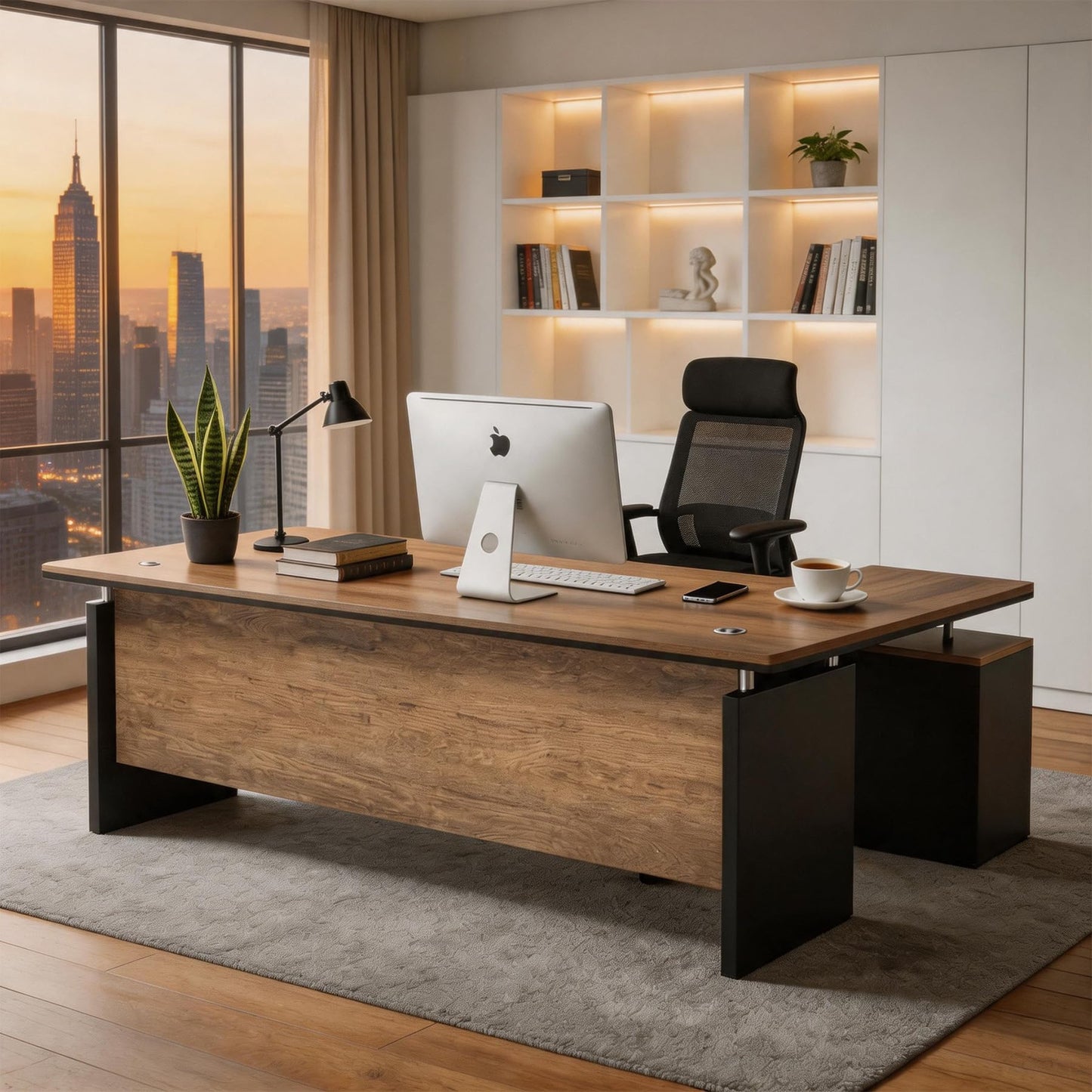 SAINTCY 63" L Shaped Executive Desk with Locking Drawer & Privacy Panel, Industrial Modern Wood Office Desk with Cable Management, Solid One-Piece Reversible for Home or Business Workspace (2)