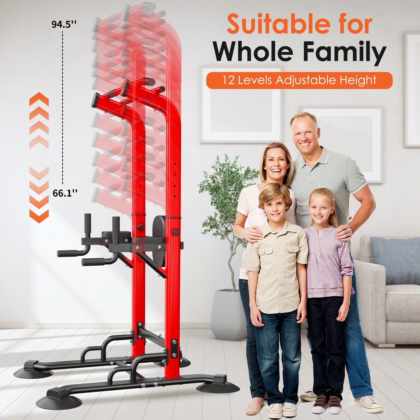 SogesPower Power Tower Pull Up Bar Station, 12-Level Adjustable Multi-Function Pull Up Dip Station for Home Gym, Pull Up Bar Stand Dip Bar Strength Training Fitness Equipment, Red with Resistance Bands