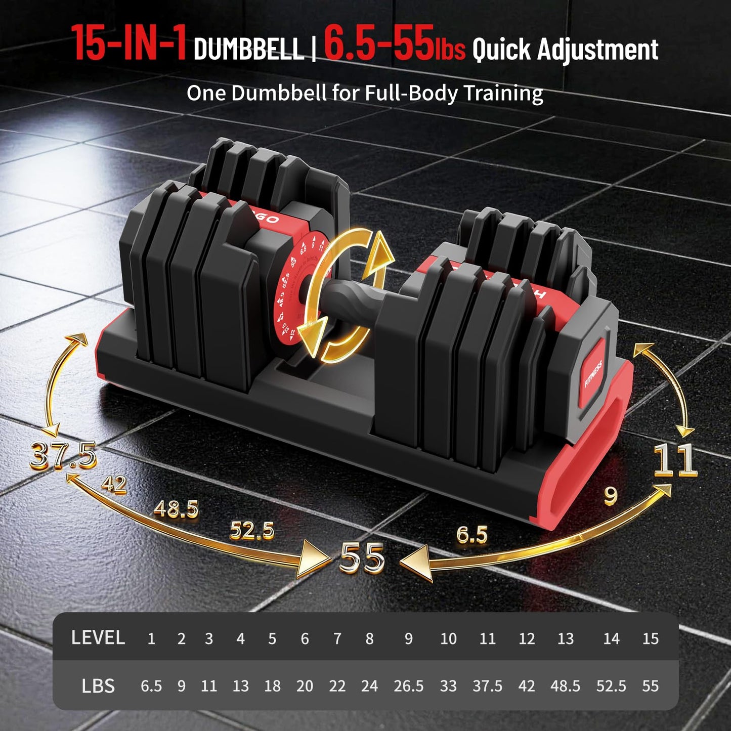 HXD-ERGO 15 IN 1 Adjustable Dumbbell Set/Single, 1-Second Quick Change Weights, 55/110 LBS Free Weights Adjustable Dumbbell with Anti-Slip Grip & Secure Lock, Space-Saving Home Gym Equipment for Men/Women Full Body Workout (Single, 55LBS)