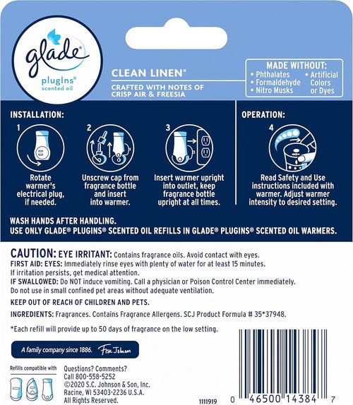Glade PlugIns Refills Air Freshener - Clean Linen Scent with Essential Oils | 1.34 Fl Oz, 2 Count