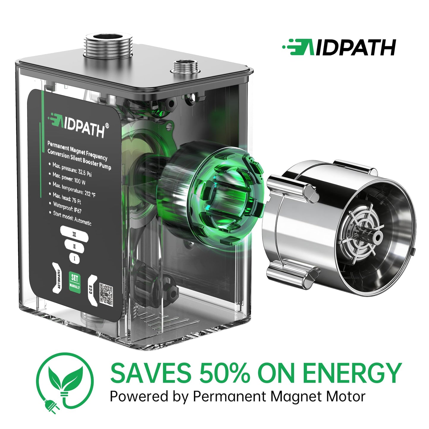 AIDPATH Water Pressure Booster Pump 32PSI, 115V Automatic Variable Speed, CCS Low-Flow Auto Start, Point-of-Use Boosting for Sinks & Showers, 3/4"NPT Inlet & Outlet×1/2"NPT Adapter