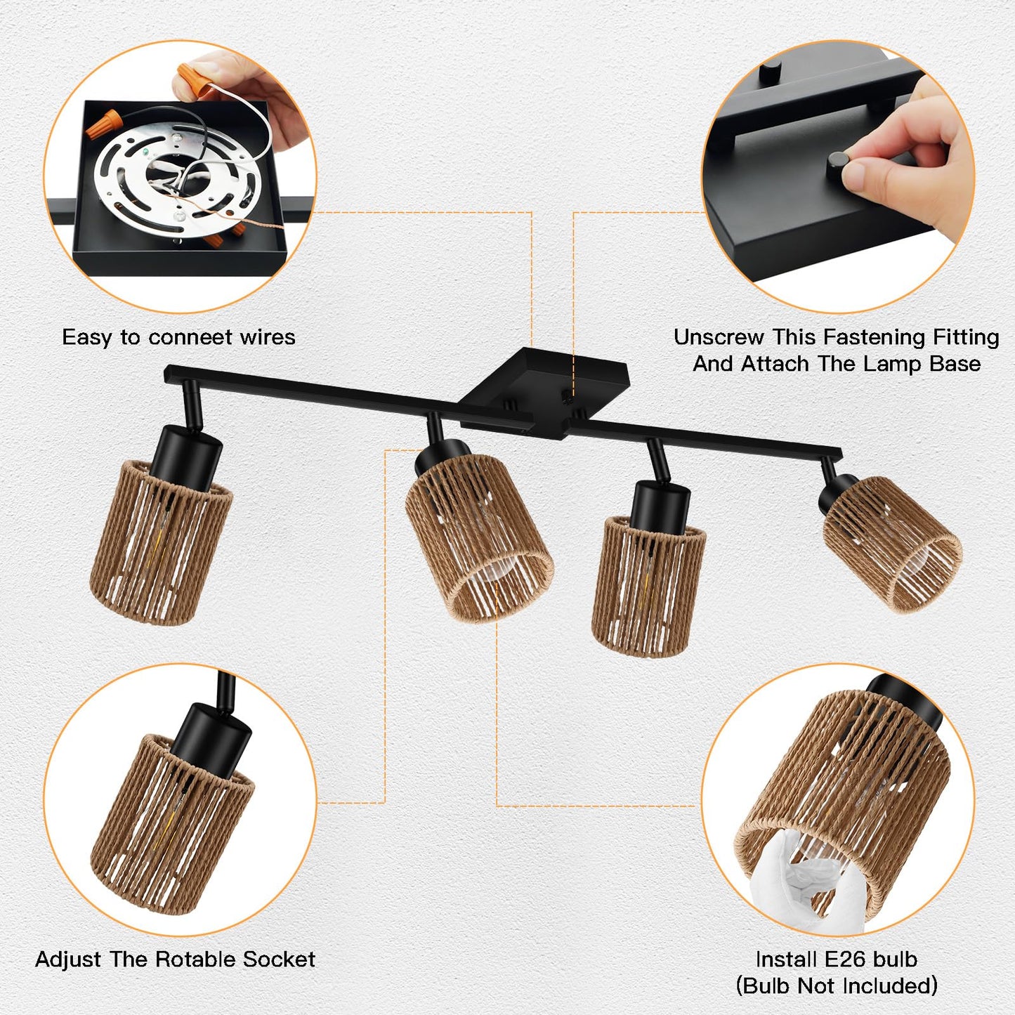 BoostArea 4 Light Track Lighting Kit, 4 Way Ceiling Spot Lighting with Handwoven Hemp Rope Lampshade, Flexibly Rotatable Light Head for Kitchen, Living Room, Bedroom, Bulb Not Included