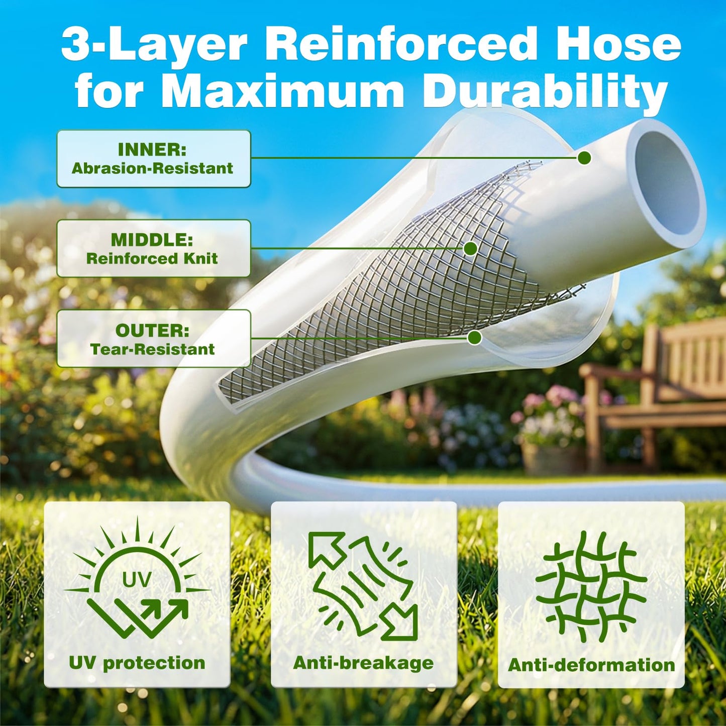 Retractable Garden Hose Reel 100FT x 1/2 in, Wall Mount Water Hose Reel for Outside with Auto Rewind, Tangle-Free Guide, 180° Swivel Bracket, Lock at Any Length, High-Pressure Flow, 10-Pattern Nozzle