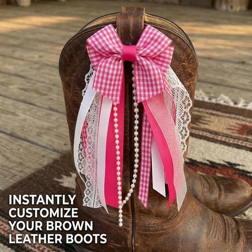 Holiday Bow Ribbons - Festive Birthday Accessory Decor | Pink Plaid Cowboy Boot Charms (2 Pieces)