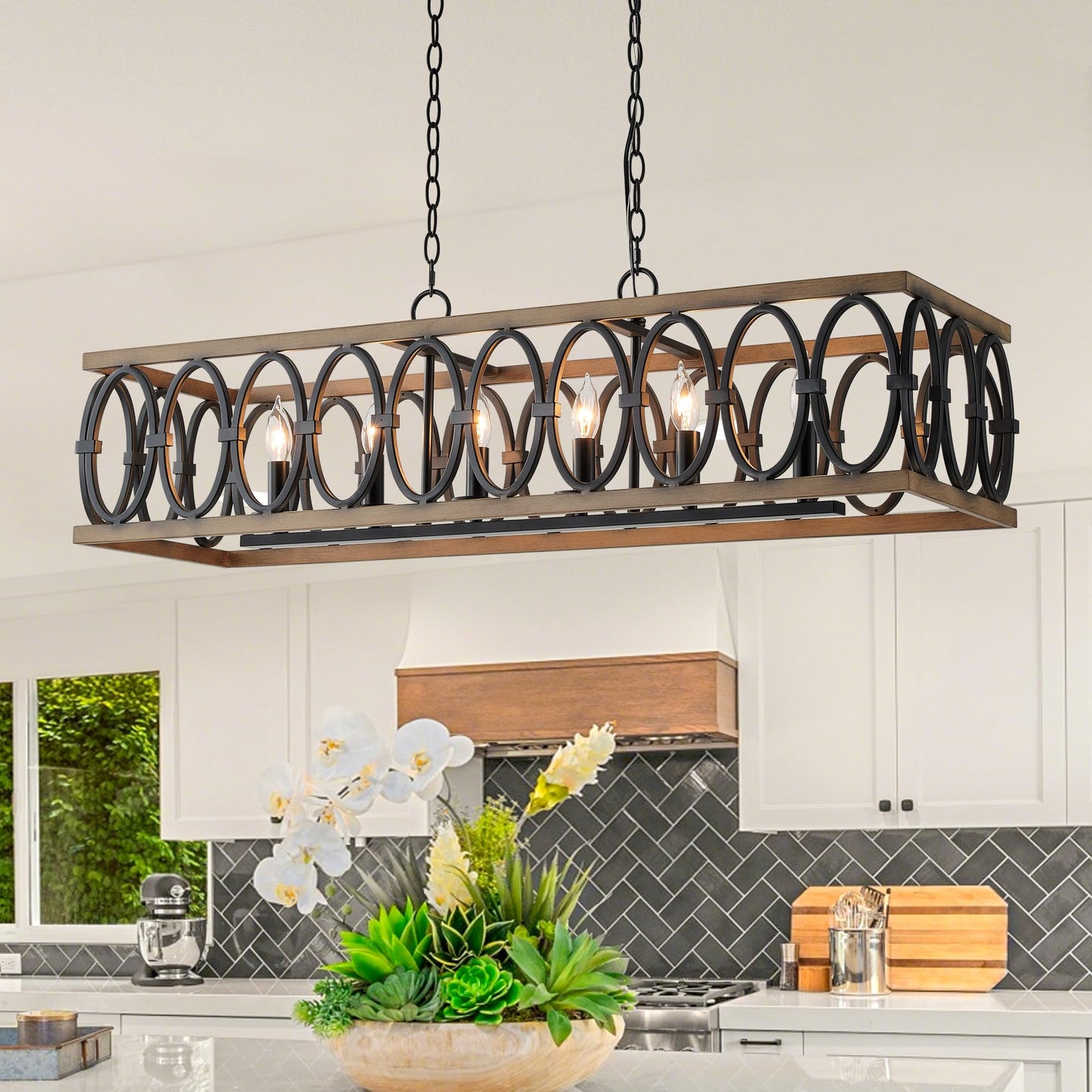OSAIRUOS L39.4 Rustic Farmhouse Rectangle Chandelier for Dining Room Kitchen Island Lights Cage Pendant Light Fixture Black and Brown Metal Hanging Lighting Retro Vintage Linear Chandeliers 6-Light