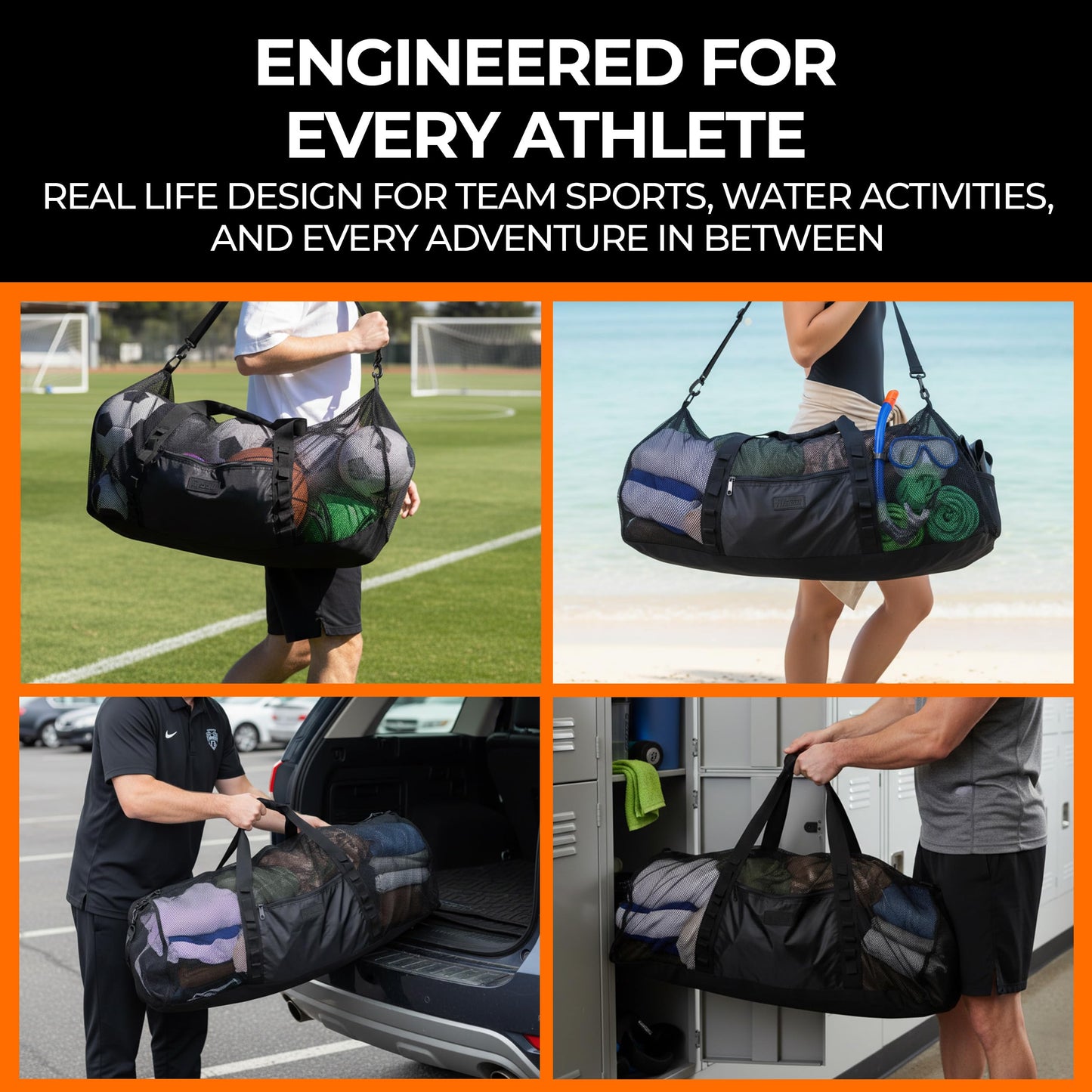 Fitdom 129L 35" Large Mesh Duffle Bag for Scuba Dive or Snorkel Equipment. Best for Water Sports & Beach Activities like Swimming, Diving & Snorkeling. Perfect for Travel, Storage, Gym Gears & Balls.