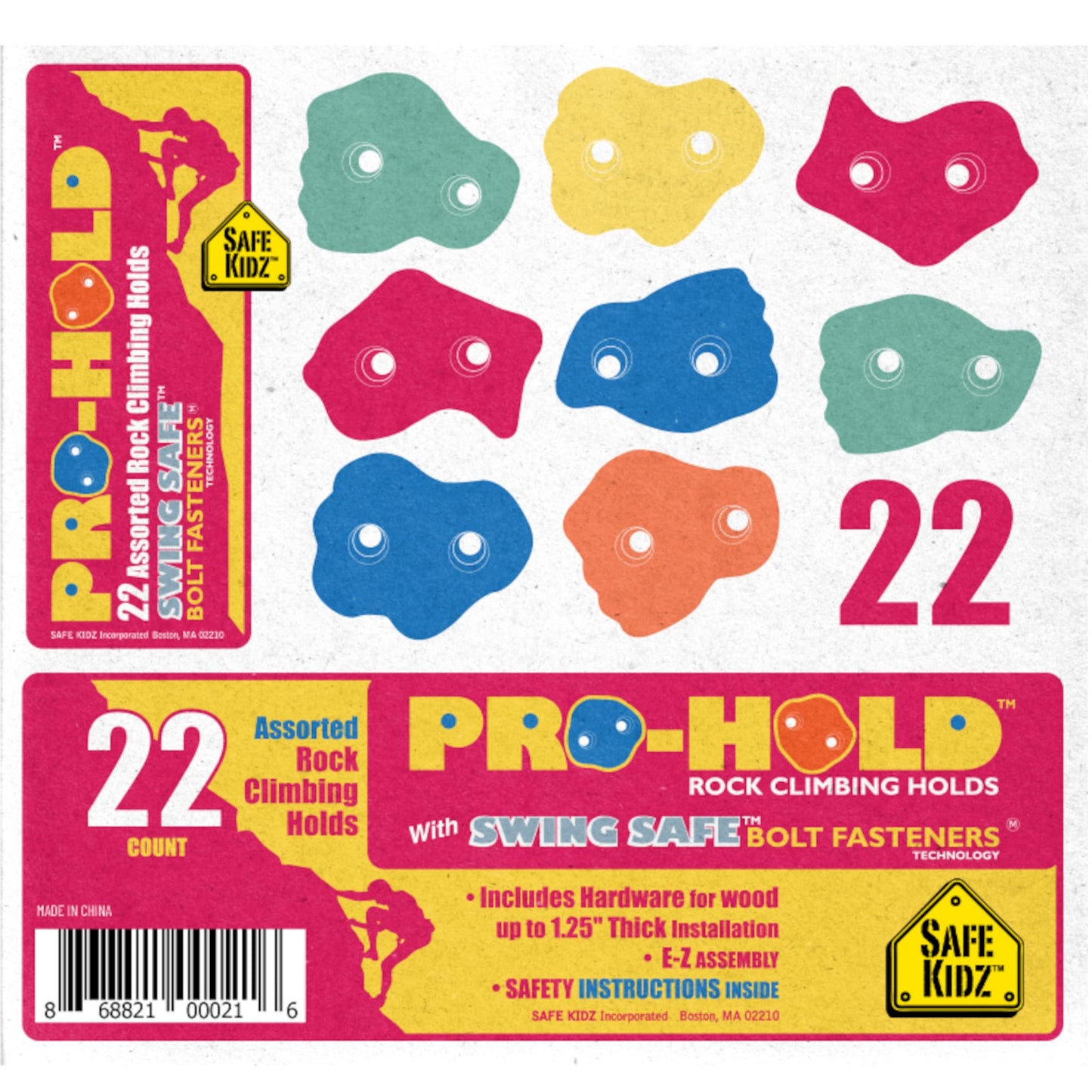 Safe Kidz 22 Assorted Deluxe Rock Climbing Holds for Kids - Outdoor Climbing Stones Kit with 44 Swing Safe Fasteners + Drill Bit Easy to Install on Lumber from 3/4" to 1.25" Thick