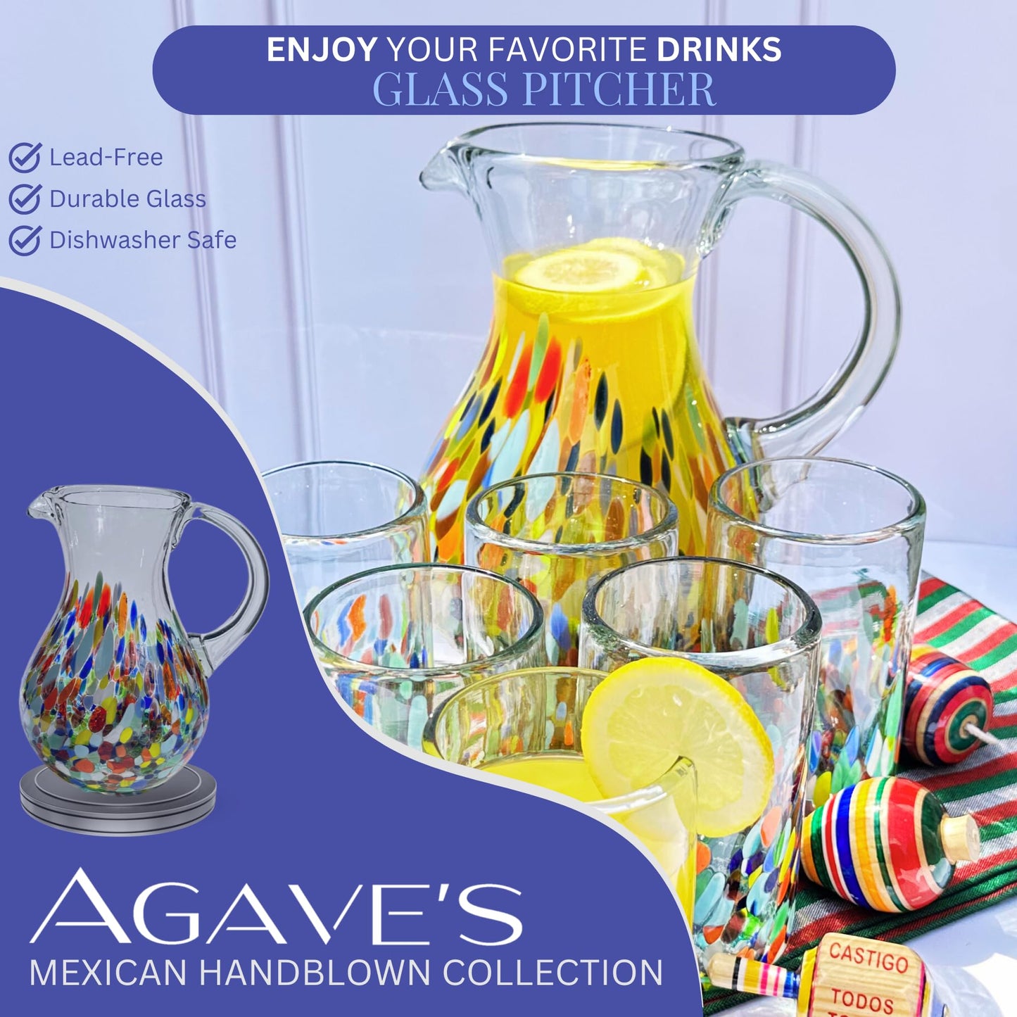 AGAVE'S GLASSWARE Glass Pitcher (84 oz) | Confetti Carmen Water Pitcher | Mexican Glassware | Pitchers for Drinks | Tea Picher Juice Pitcher (Pera Design Confetti Carmen 84 oz)