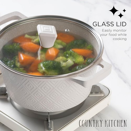 Country Kitchen Non-Stick Cast Aluminum Cookware Set - Durable 11-Piece Kitchen Essentials in Cream Rhombus