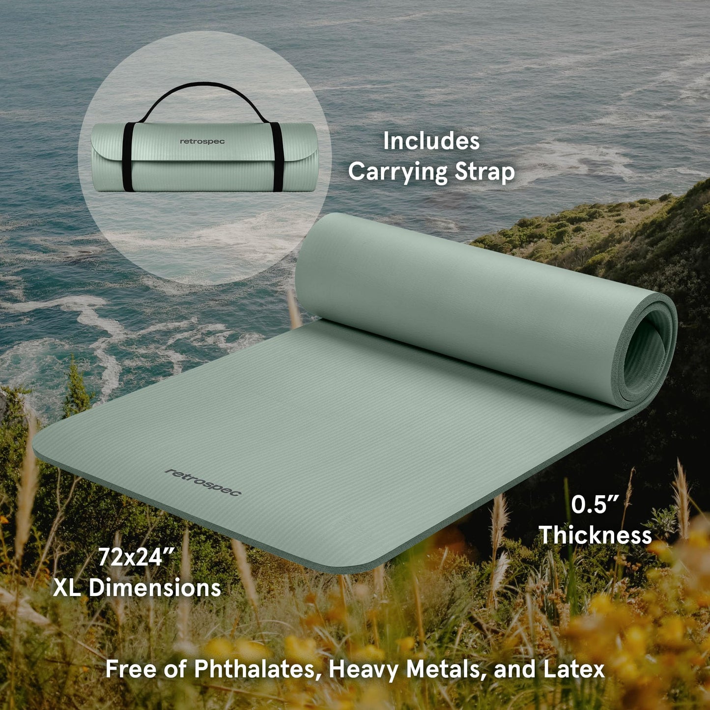 Retrospec Solana Yoga Mat 1/2" Thick w/Nylon Strap for Men & Women - Non Slip Excercise Mat for Yoga, Pilates, Stretching, Floor & Fitness Workouts
