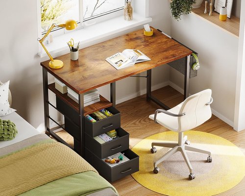 AODK 32" Small Computer Desk - Vintage Writing Desk with Fabric Drawers & Storage Shelf for Kids' Bedroom
