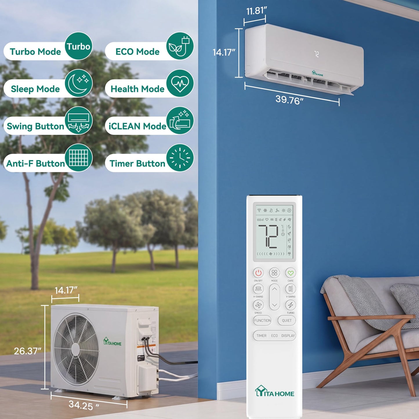 YITAHOME 18000 BTU Mini Split AC/Heating System, Ductless Mini Split Air Conditioner Heat Pump,230V 20 SEER2 Energy Efficient Inverter AC Unit,Wifi Enabled Compatible with Alexa for Apartment, Garage