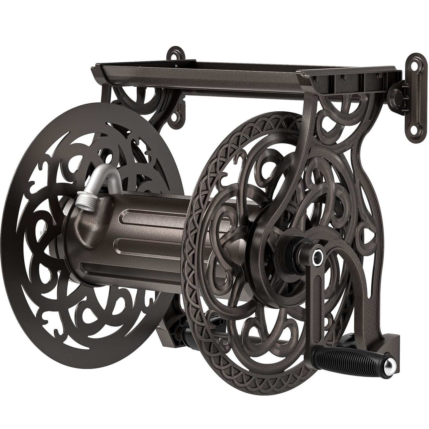 Garden Hose Reel Wall Mount Metal, Holds 125 ft x 5/8" Decorative Water Hose Holder for Outside Storage, Heavy Duty Aluminum Frame w/Shelf, No-Leak Aluminum Water System, Easy Assmbly, Dark Bronze