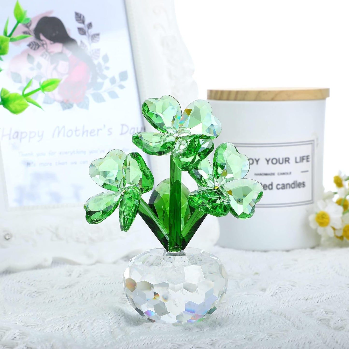 QFkris Crystal Flower Dreams Four-Leaf Clover Figurine - Perfect St. Patrick's Day Gift | 3.7" Crystal Ornament for Mother's Day & Valentine's Day