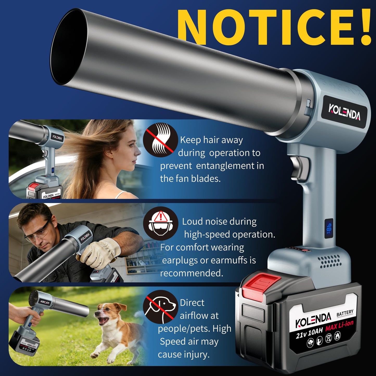 KOLENDA Handheld Cordless Lightweight Powerful Car Dryer Air Blower with 1800G & 335MPH Powerful, Air Duster Electric Leaf Blower Cleaning Dryer Turbo for Patio Cleaning, Lawn Care and Car Drying