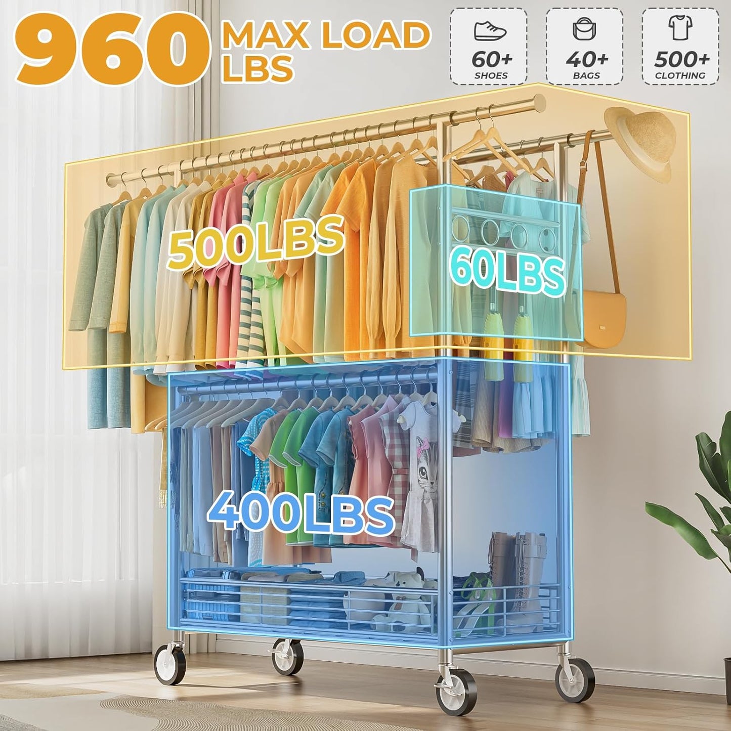 Regine Switzerland Heavy Duty Clothes Rack - 960LBS Capacity, Adjustable & Portable with Wheels, Silver