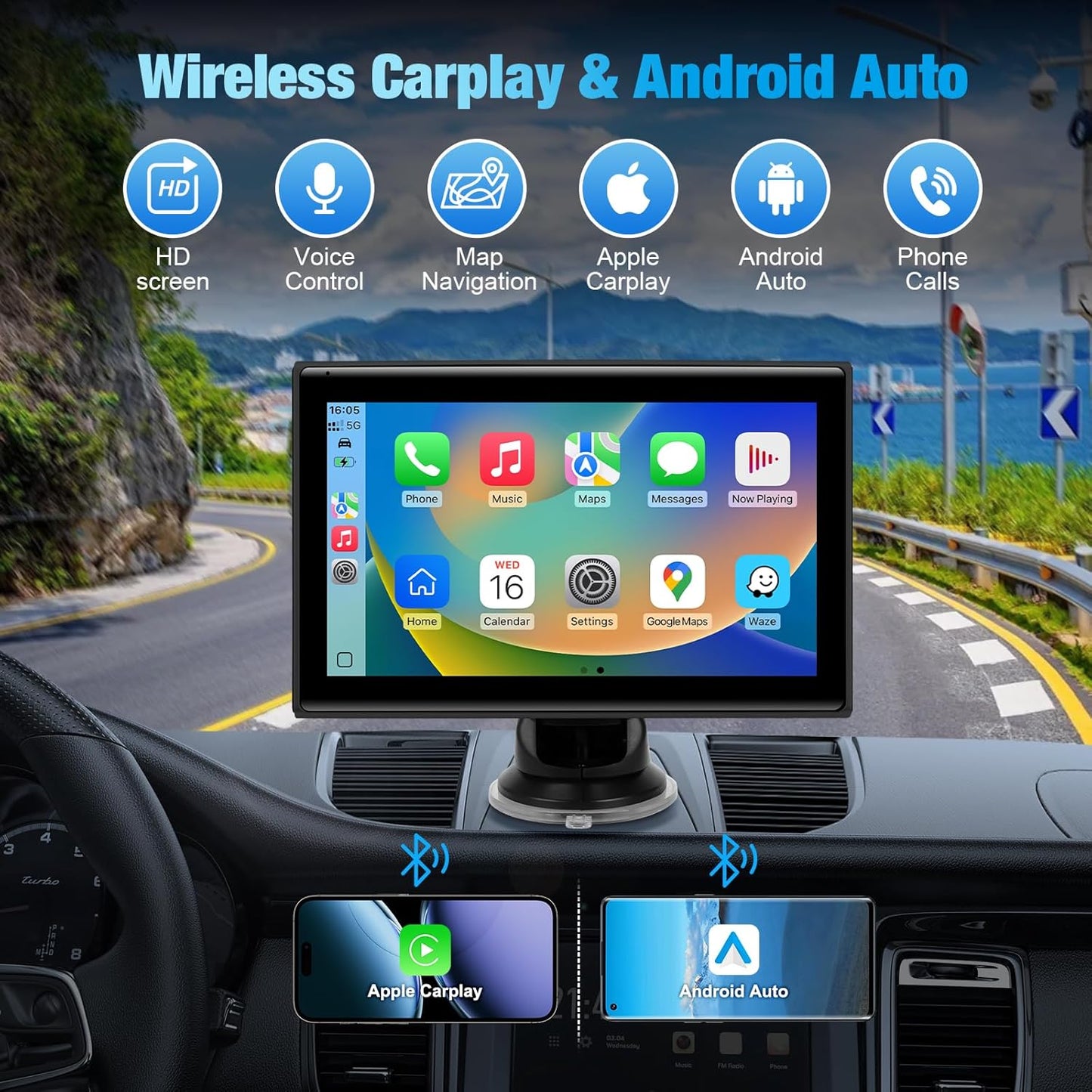 BOAODIFSH 7" Portable Wireless CarPlay Screen for Car Apple CarPlay & Android Auto, HD Touch Screen Car Stereo