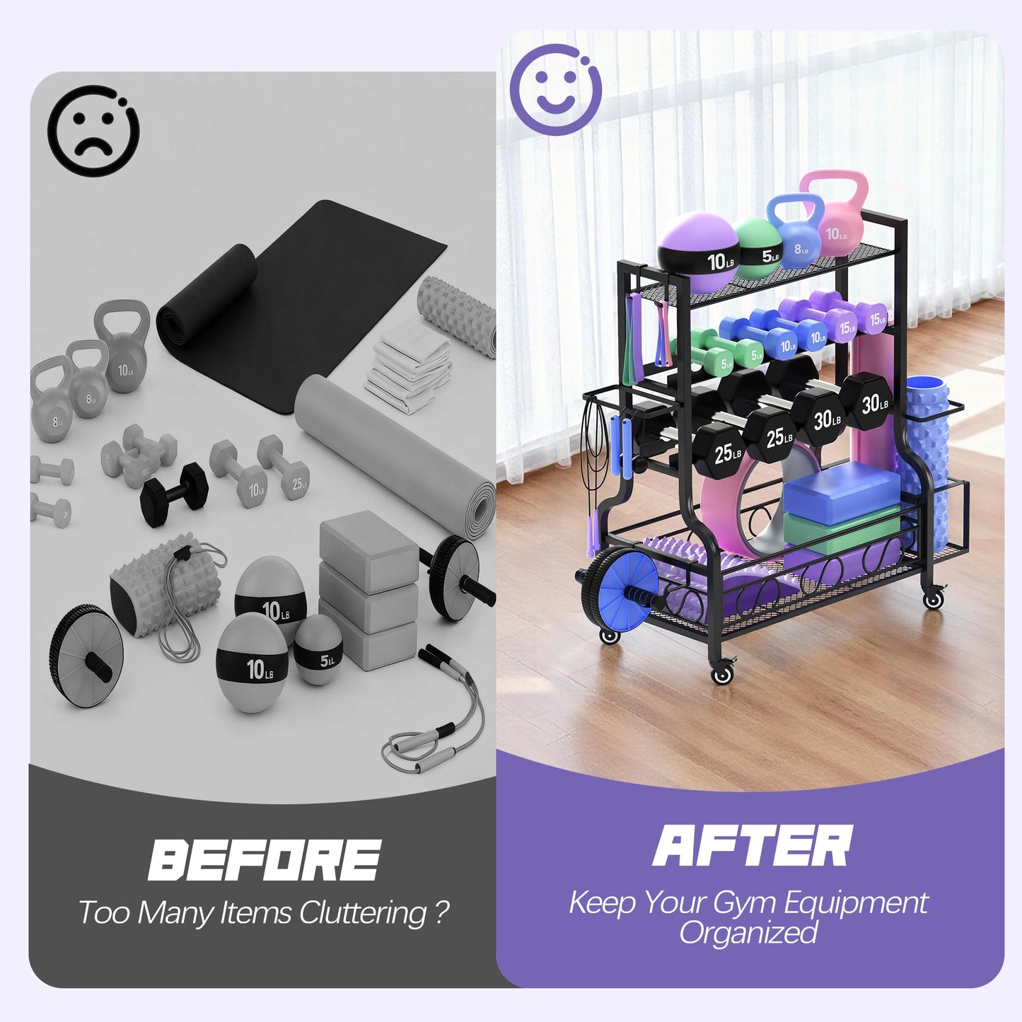 Dumbbell Weight Rack, Home Gym Storage for Kettlebells Yoga Mat and Balls, All in One Workout Storage with Wheels and Hooks, Powder Coated Finish Steel