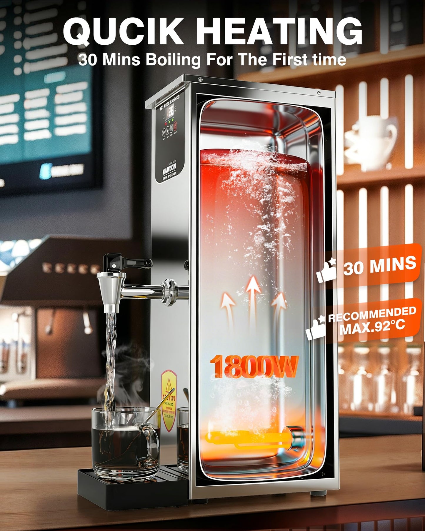 WantJoin Hot Water Dispenser - Commercial Water Boiler 35L(9.2 GAL)/H Step-Heating Adjustable Temperature Control 32°F - 212°F for Coffee Boba Tea Shop Office, Silver