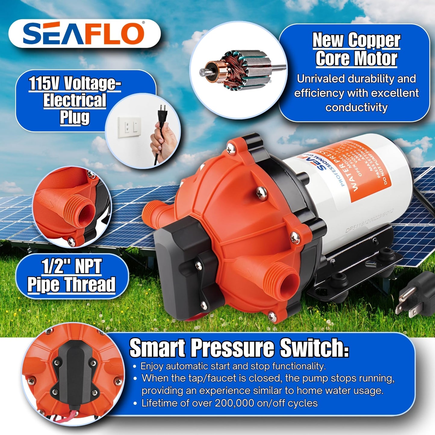 SEAFLO 55 Series 115V AC Automatic Demand Diaphragm Pump – 5.0 GPM, 60 PSI, 5-Chamber Self-Priming Water Pump w/Power Plug for Outlet, RV, Marine & Off-Grid Water Systems, 4-Year Warranty