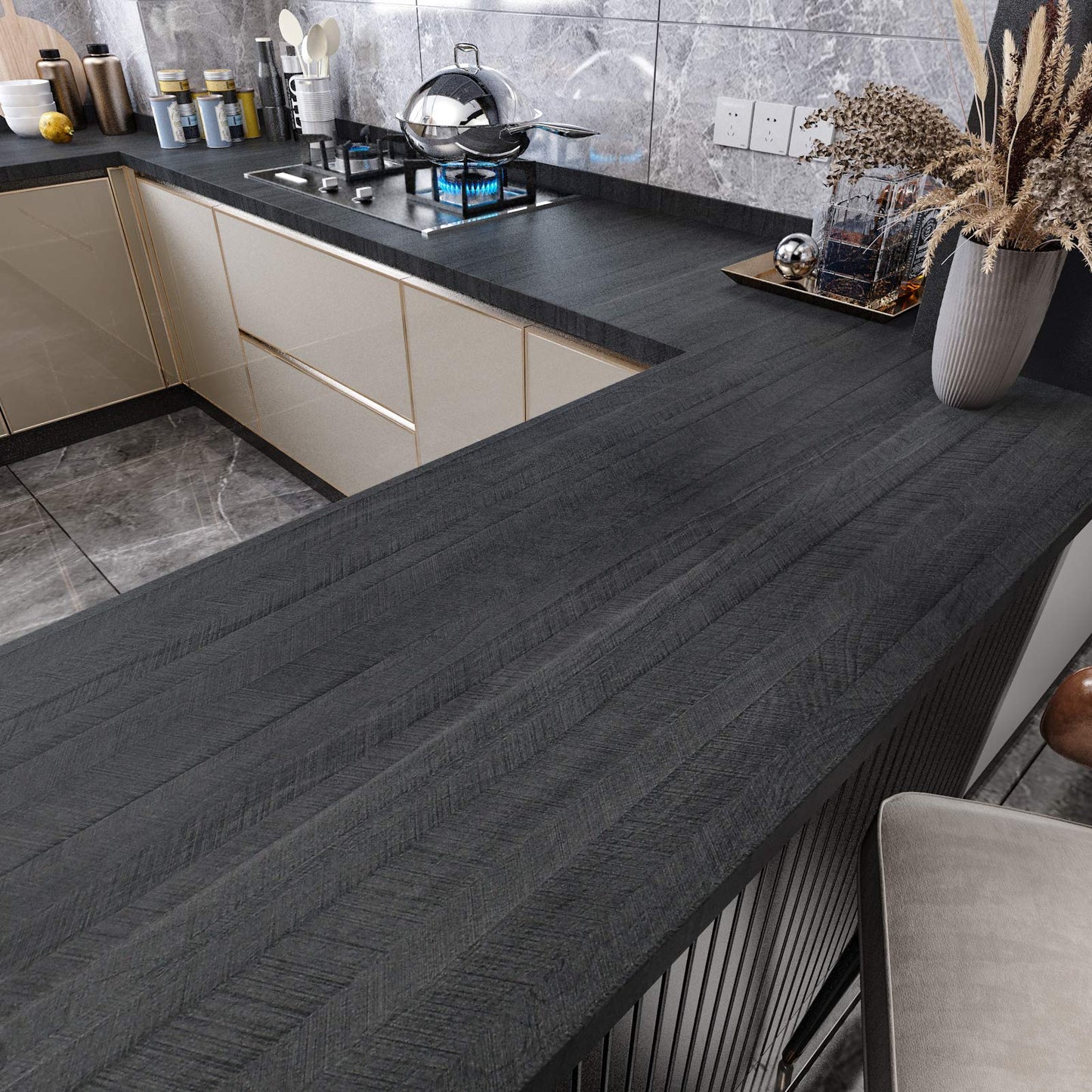 WESTICK Black Wood Countertop Contact Paper Peel and Stick Wallpaper Waterproof Self Adhesive Faux Wood Grain Contact Paper for Countertops Kitchen Cabinets Wall Furniture Wooden Vinyl Wrap 15.8"x393"