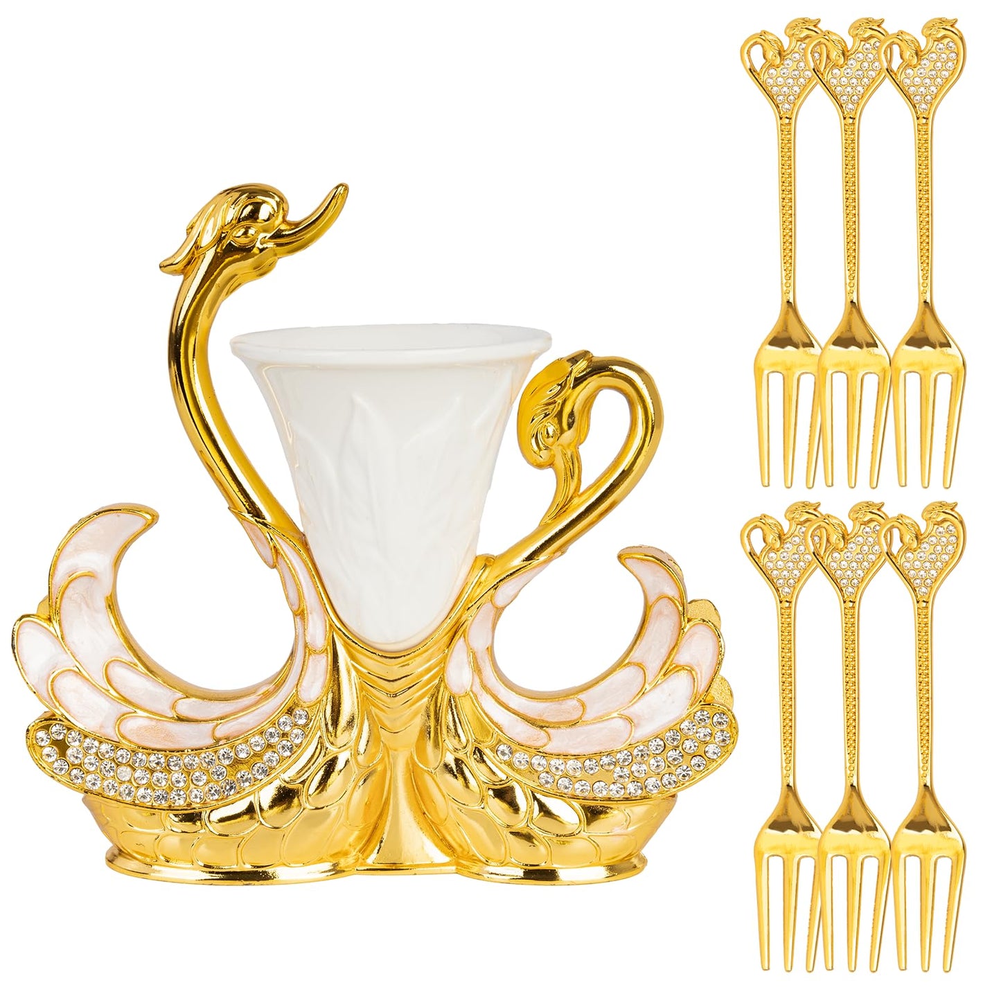 Gold Dessert Forks, Swan Base With 6 Pcs Mini Forks Set,4.5" Charcuterie Forks- Very Suitable for Dessert Shops or Family Use