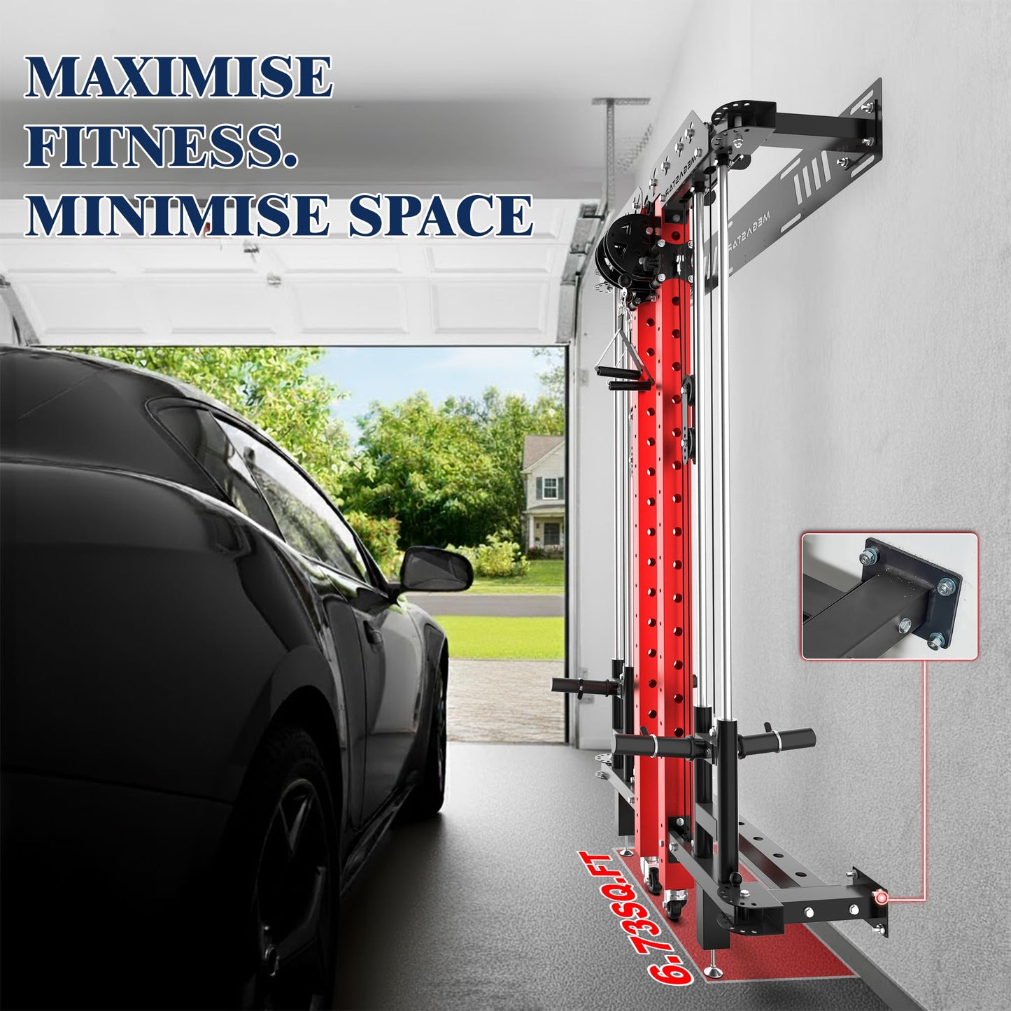 Power Cage, Folding Power Rack, 2000LBS Wall Mounted Squat Rack with Cable Pulley System, Landmine Attachment and Multi-Grip for Home Gym Small Space