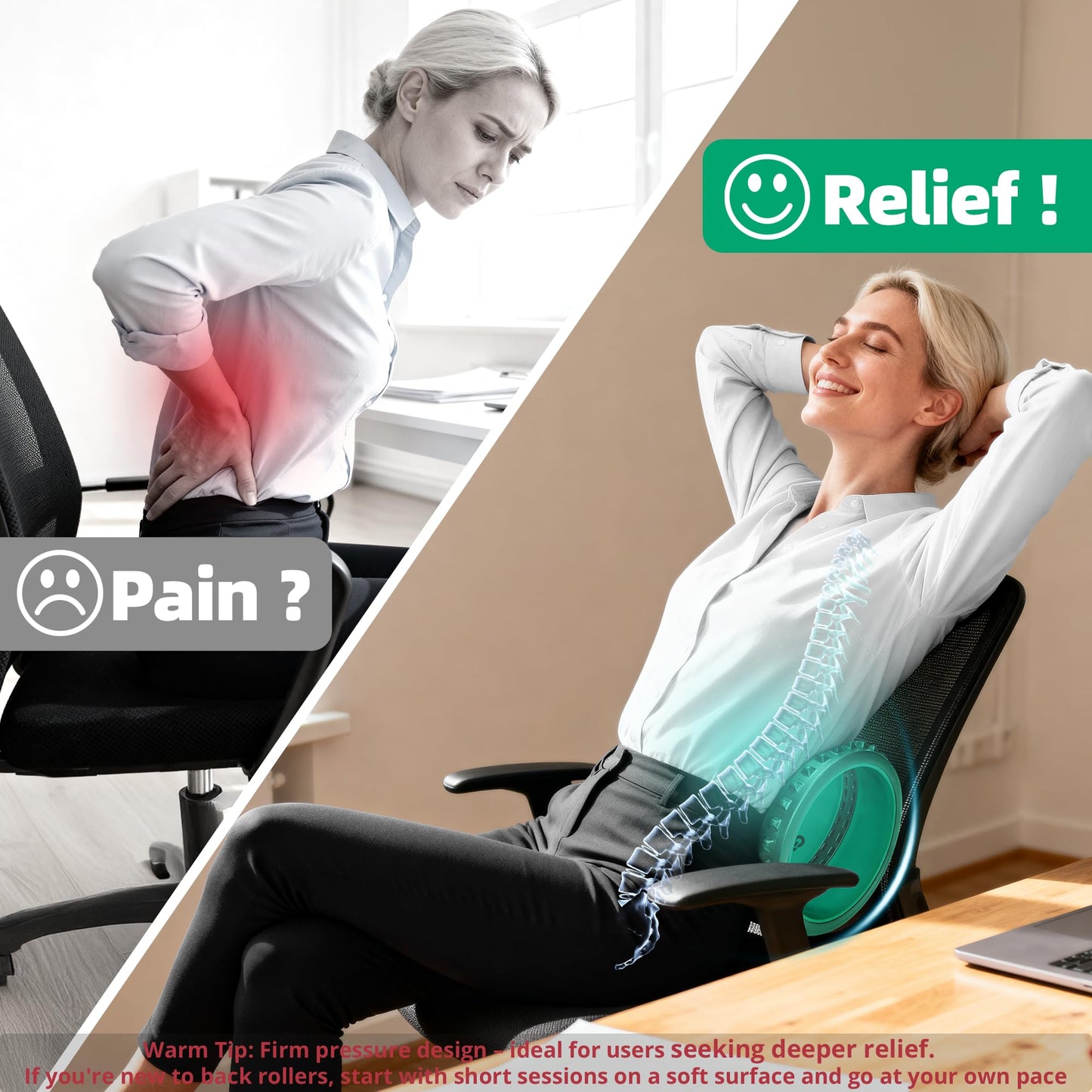 GymCope Back Roller for Back Pain Reliefn & Stretching, Deep Tissue Massage Roller Supports Up to 530 lbs / 240 kg, 5.5''-7.5'' Curved Foam Roller for Home Physical Stretching (Green, Firm)
