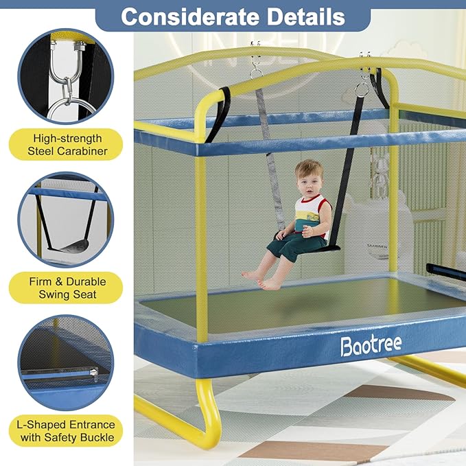 6.5FT Rectangle Trampoline for Kids, 78”ASTM Approved Recreational Trampolines with Swing, Small Toddler Trampoline with Safety Enclosure Net, Outdoor and Backyard, Gifts for Children & Boys & Girls