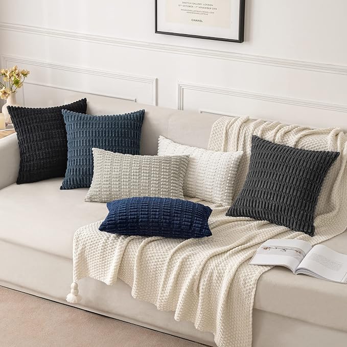 MIULEE Pack of 2 Corduroy Decorative Throw Pillow Covers 16x16 Inch Soft Boho Striped Pillow Covers Modern Farmhouse Home Decor for Sofa Living Room Couch Bed Dark Grey