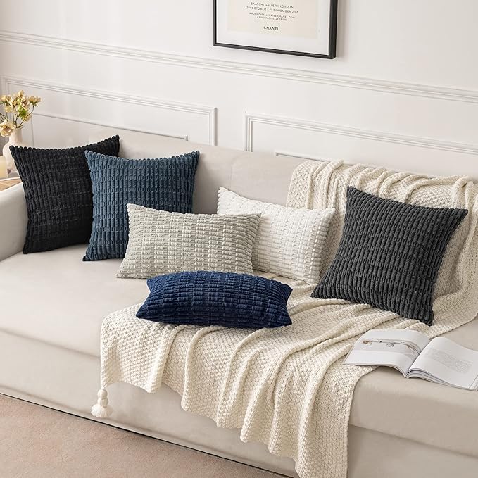MIULEE Pack of 2 Corduroy Decorative Throw Pillow Covers 24x24 Inch Soft Boho Striped Pillow Covers Modern Farmhouse Home Decor for Sofa Living Room Couch Bed Dark Grey