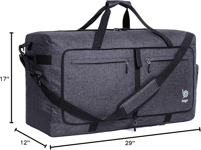 Bago Large Foldable Duffel Bags for Traveling Women & Men - 100L Packable Duffle Bag for Travel with Shoe Compartment - Water Repellant, Heavy Duty, Lightweight Folding & Collapsible (SnowBlack)