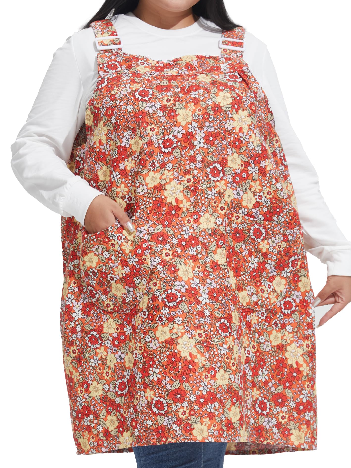 APRONNER No Ties Plus Size Aprons for Women with Pockets Cotton Linen Baking Kitchen Cooking Red Floral